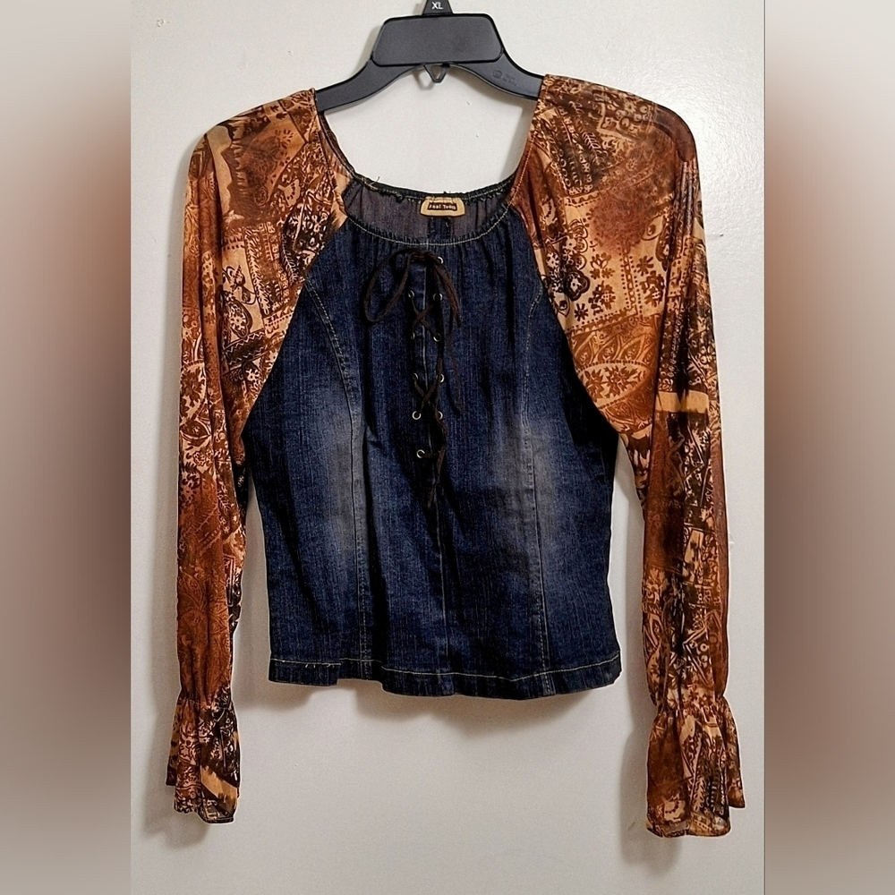 Final Touch BodyCon Denim Top With Sheer Paisley Sleeves